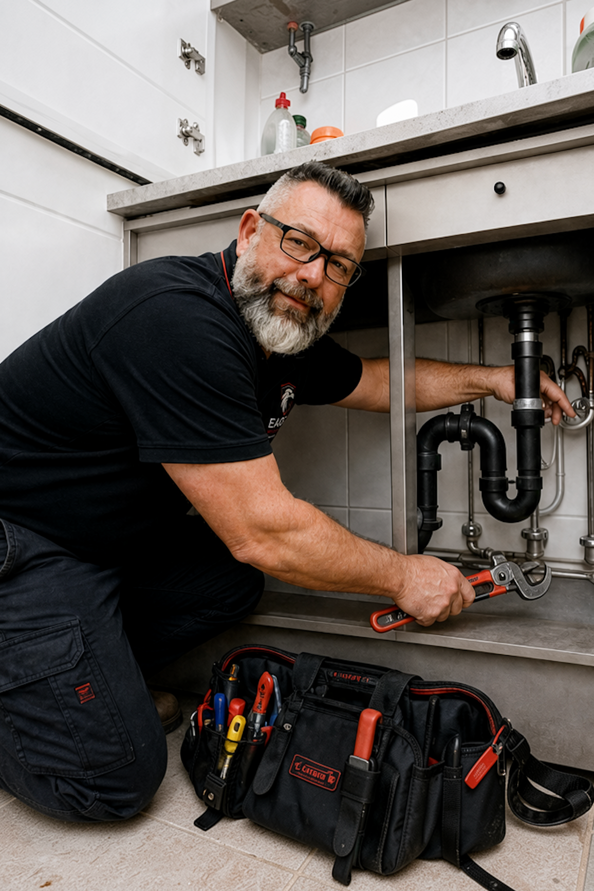 Plumber repairing under-sink plumbing with tools in a kitchen cabinet