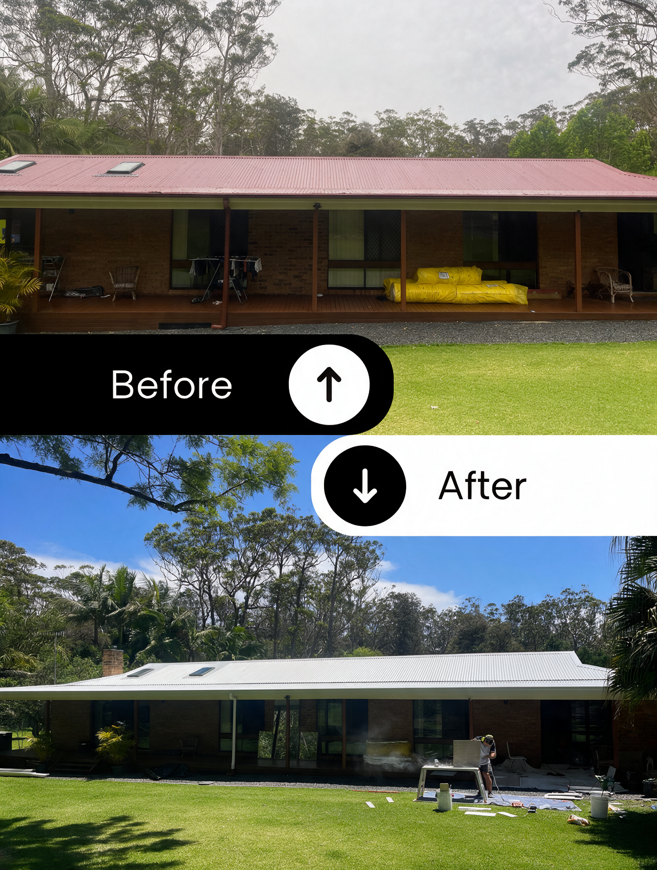 Before-and-after of a house exterior: red roof and porch changed to a white roof and updated yard.