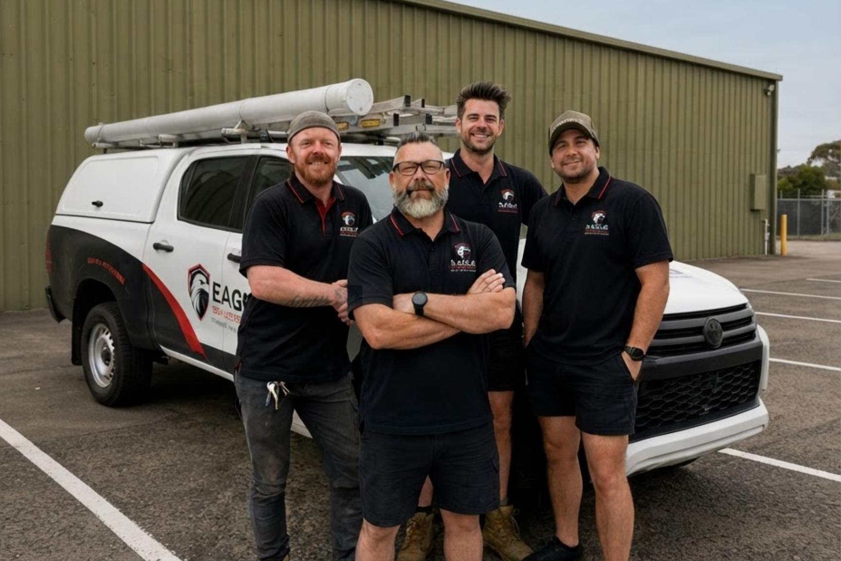 Four workers standing in front of a white truck and green building, smiling with arms crossed.