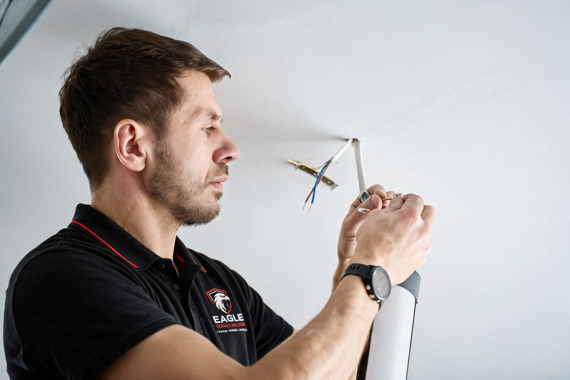 Technician tightening a wall-mounted fixture with a wrench beside exposed wiring
