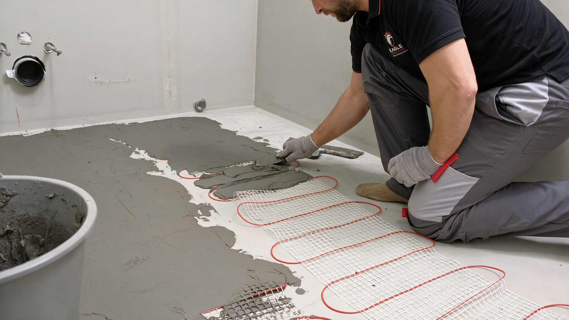 Worker spreading gray floor coating over red heating tubes in a room under construction