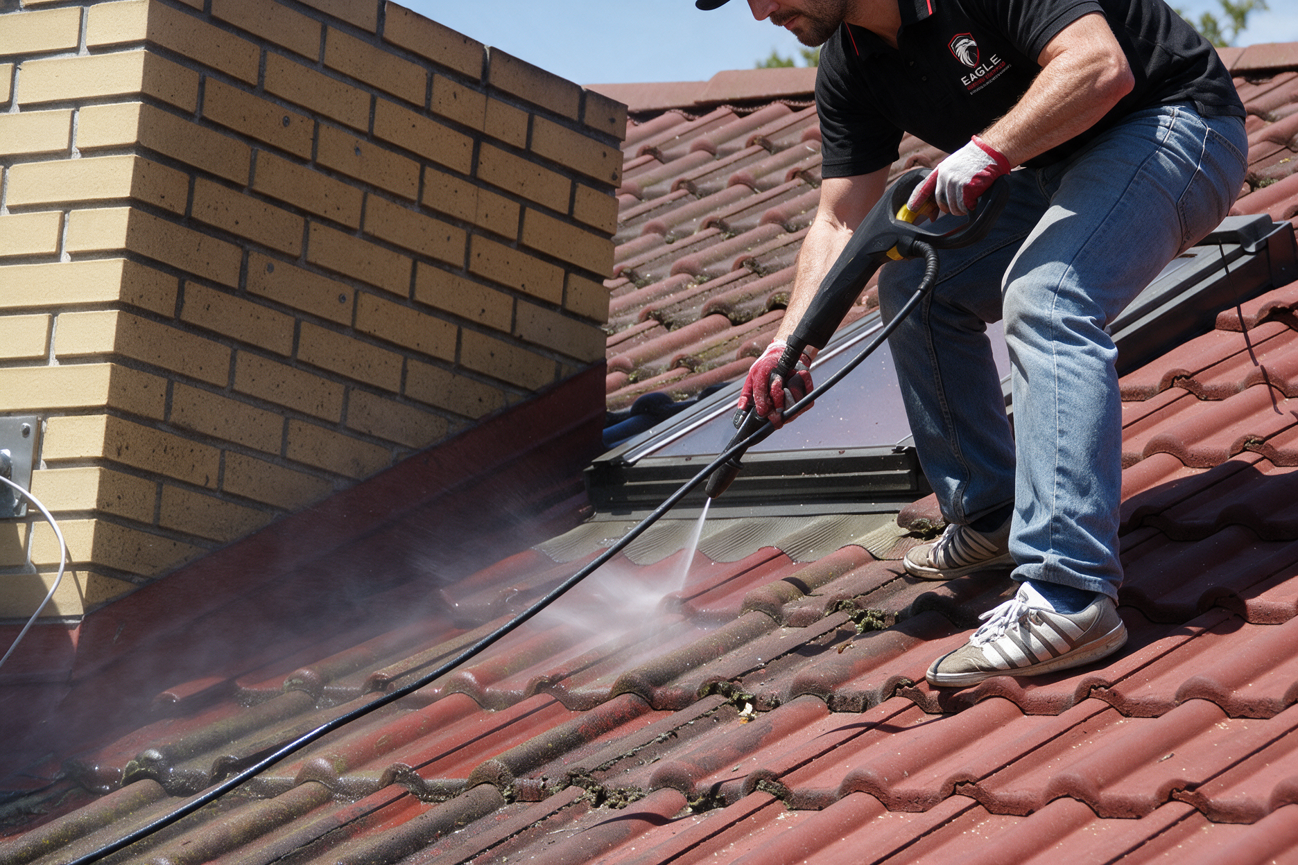Worker power-washing a red tile roof beside a brick chimney