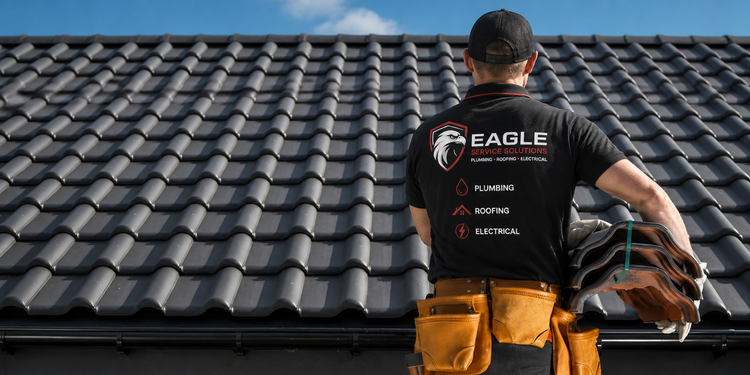 Roofing worker carrying shingles on a tiled roof, seen from behind