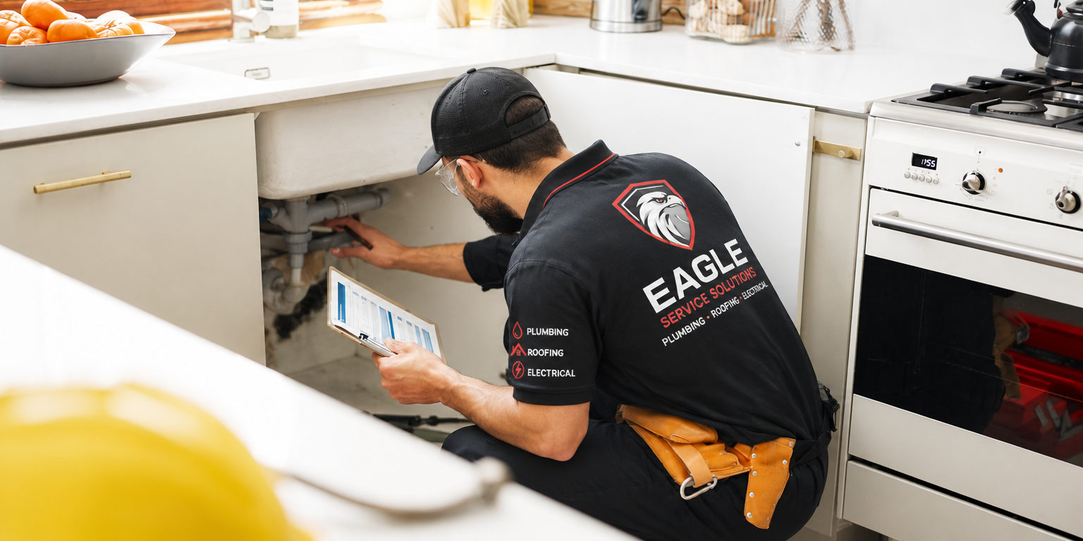 Technician repairing a dishwasher under a white kitchen counter, with tools at hand.
