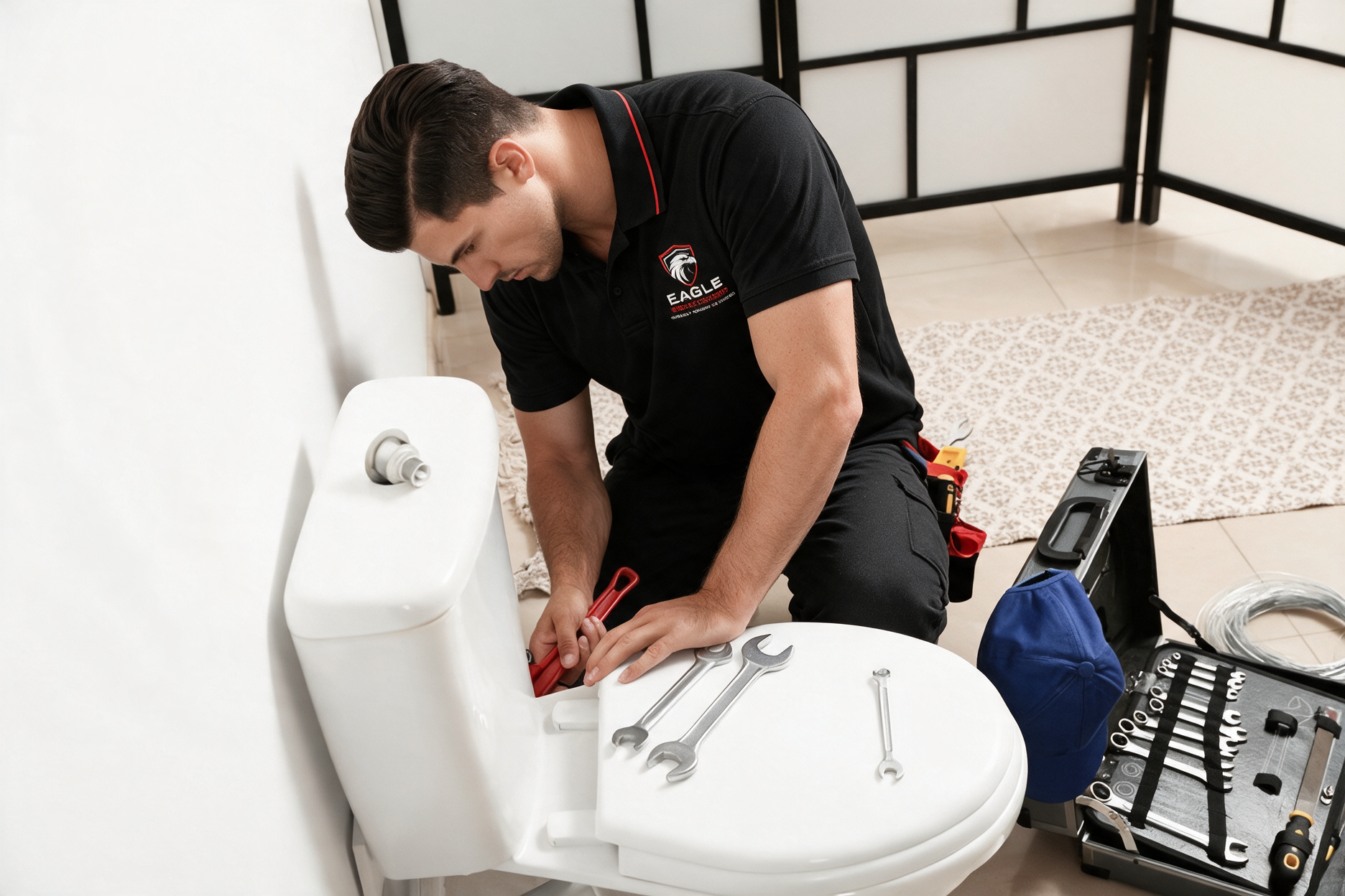 Plumber repairing a white toilet with tools beside him in a bathroom