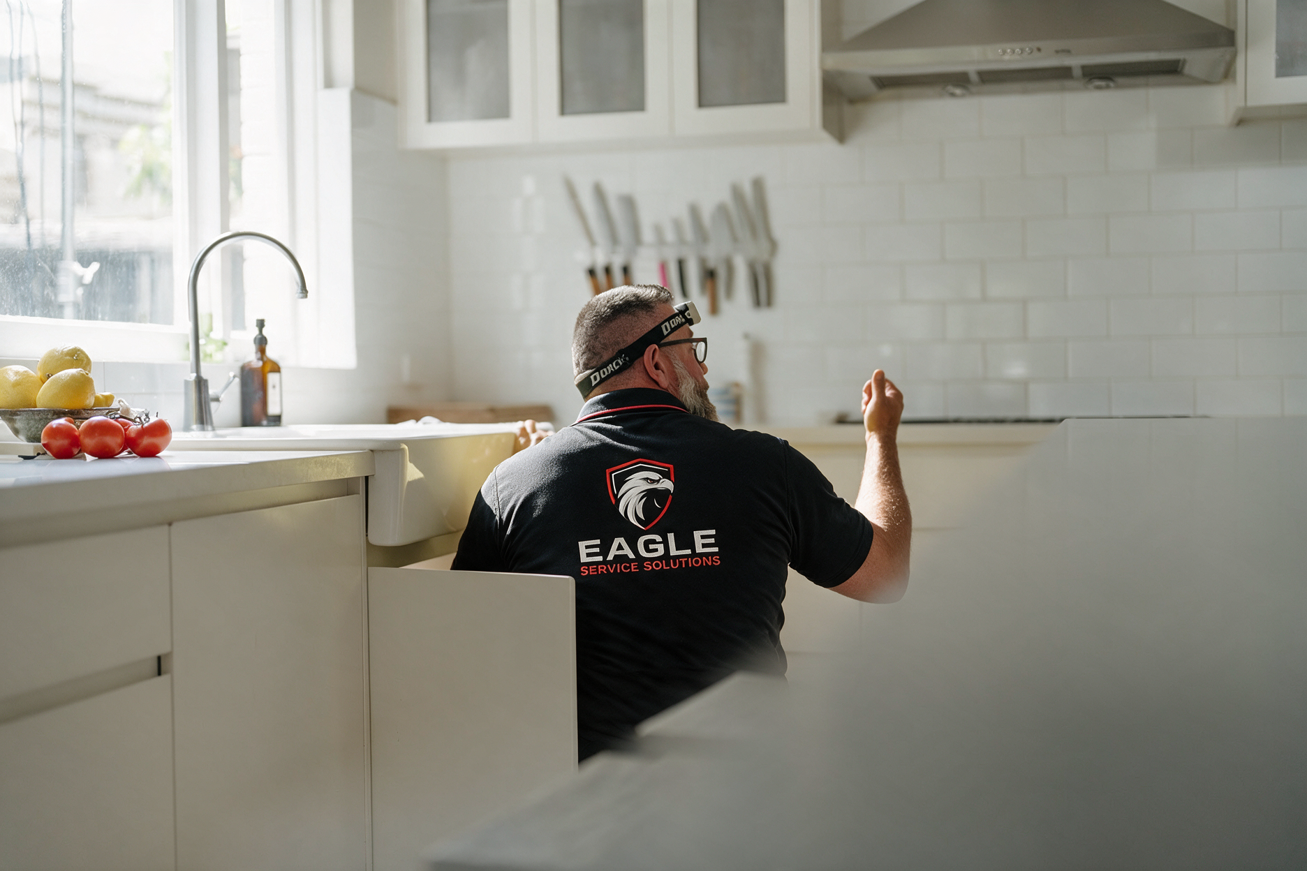 Person in a black shirt crouches in a bright kitchen, reaching up near the sink and white cabinets.