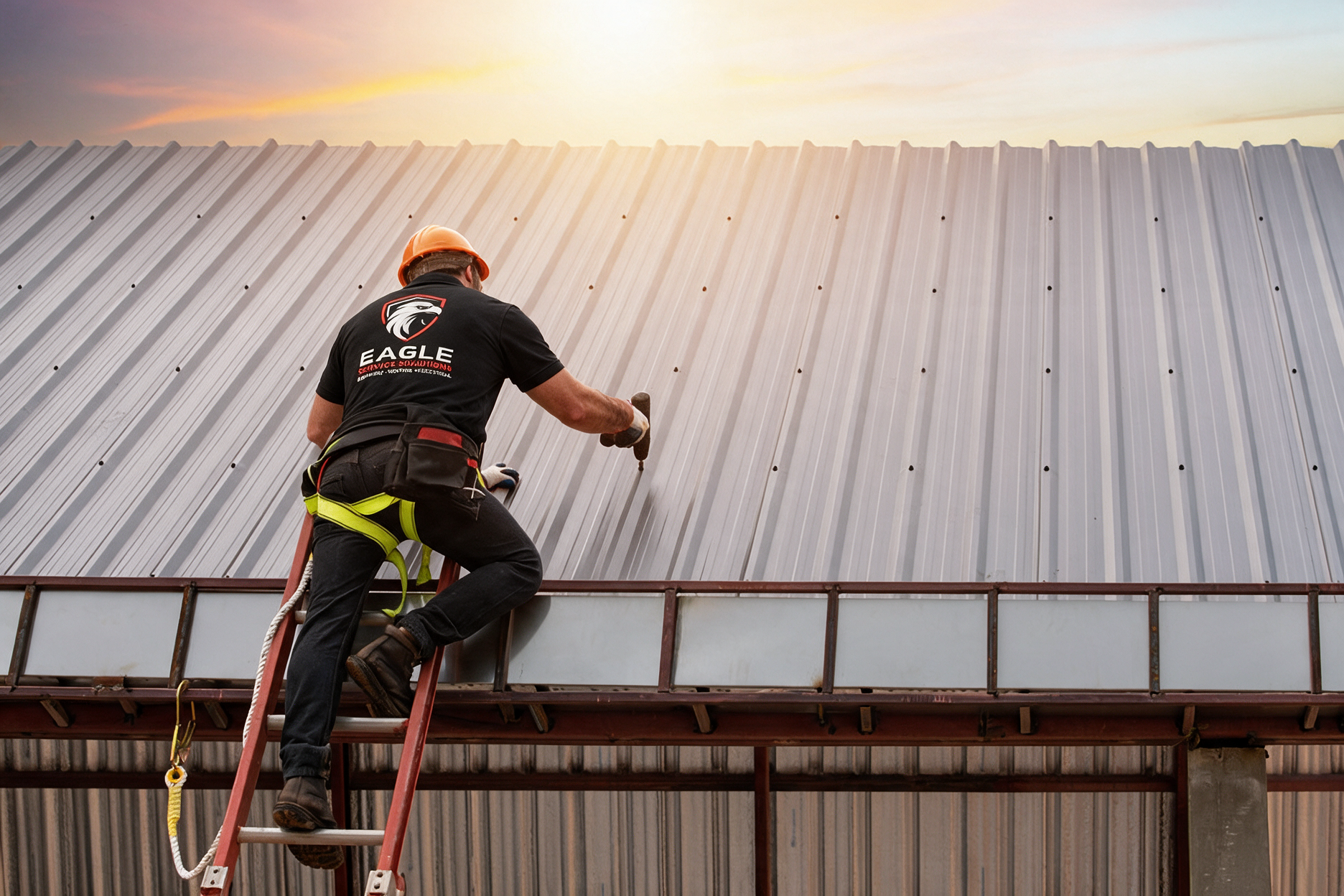 Worker climbing a red ladder to inspect a corrugated metal roof at sunset