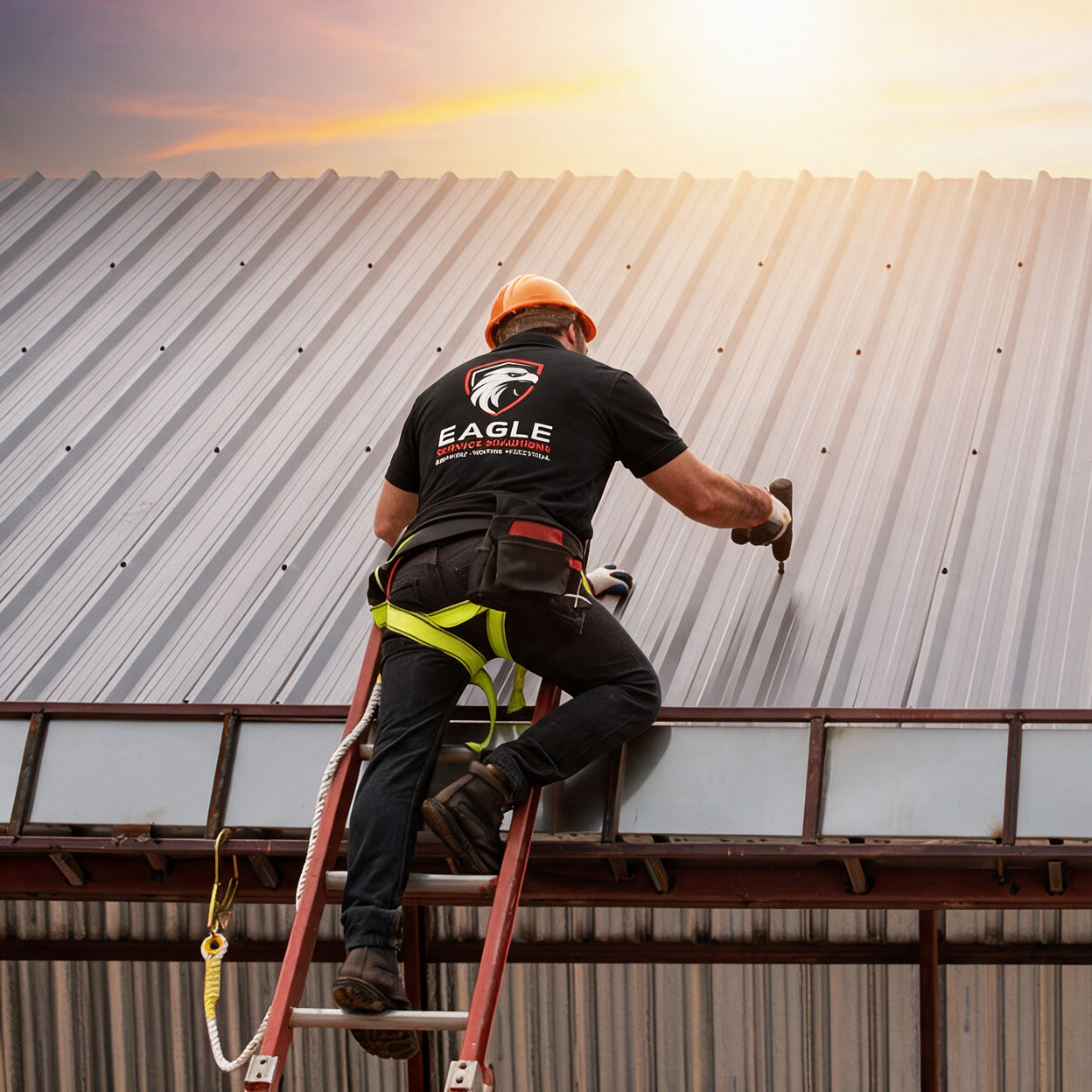 Worker on a ladder repairs a corrugated metal roof at sunset.