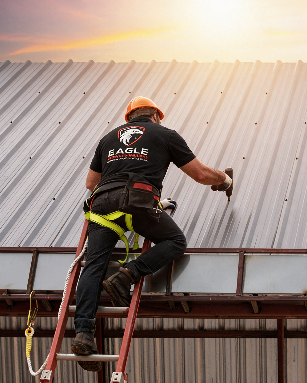 Two workers in yellow hard hats standing on scaffolding, securing a blue metal roof.