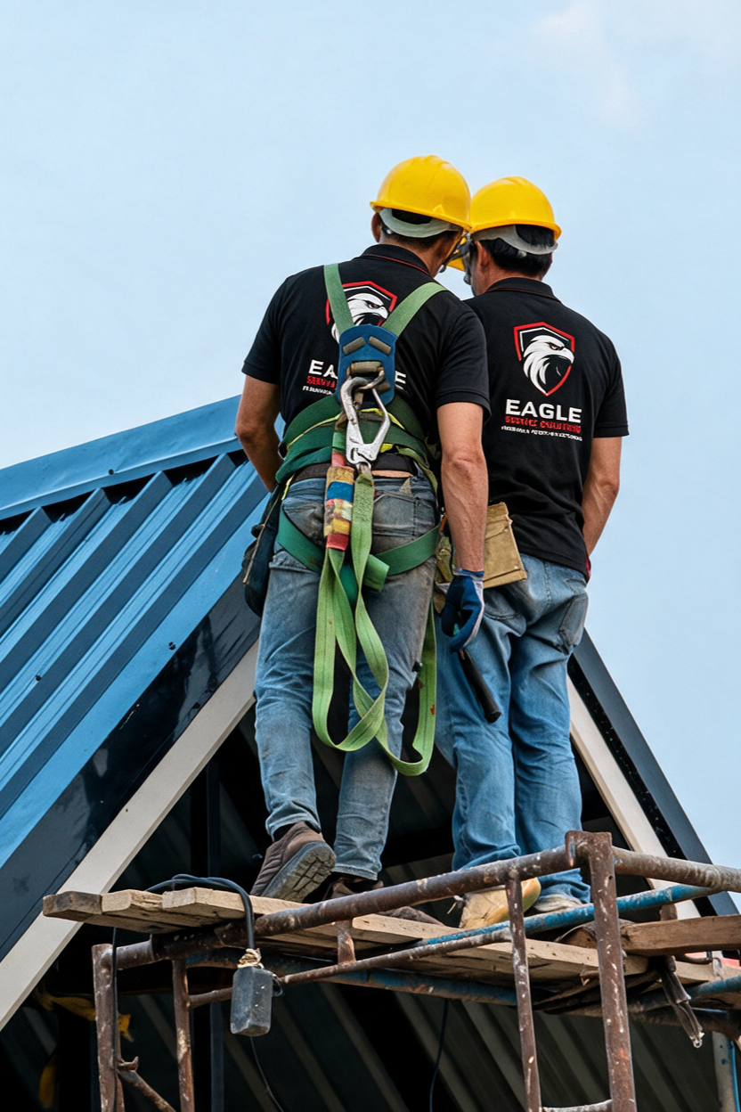 Two workers in hard hats stand on scaffolding installing a blue metal roof.