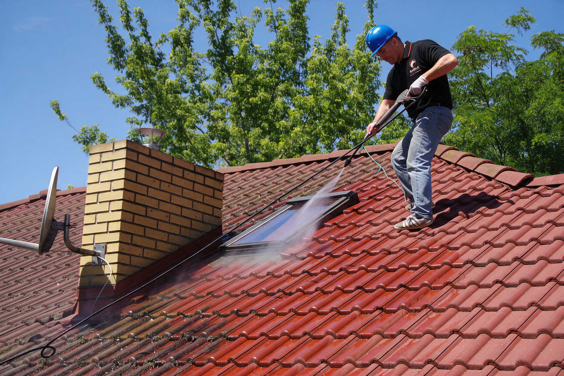 Worker power-washing a red tiled roof beside a brick chimney under a blue sky