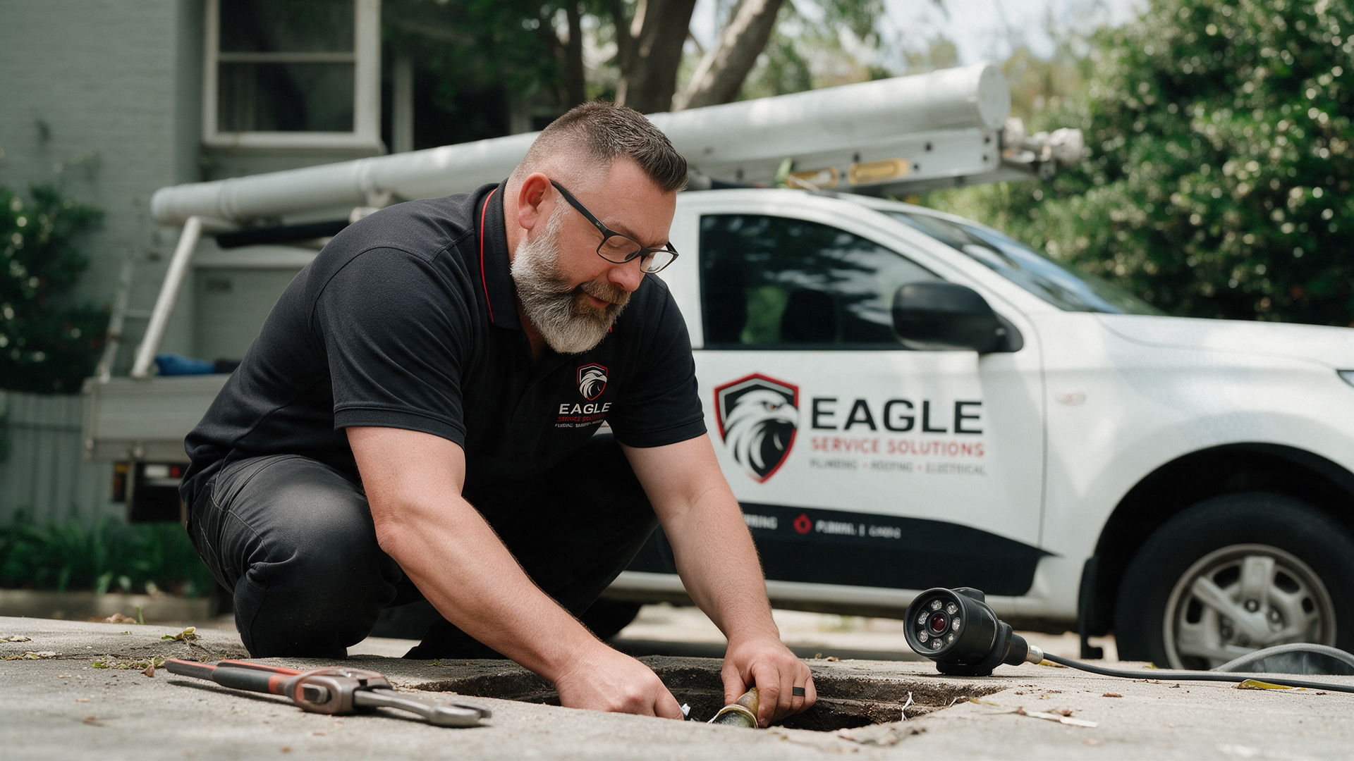 Man kneels outdoors measuring boards beside a white Eagle-branded work truck