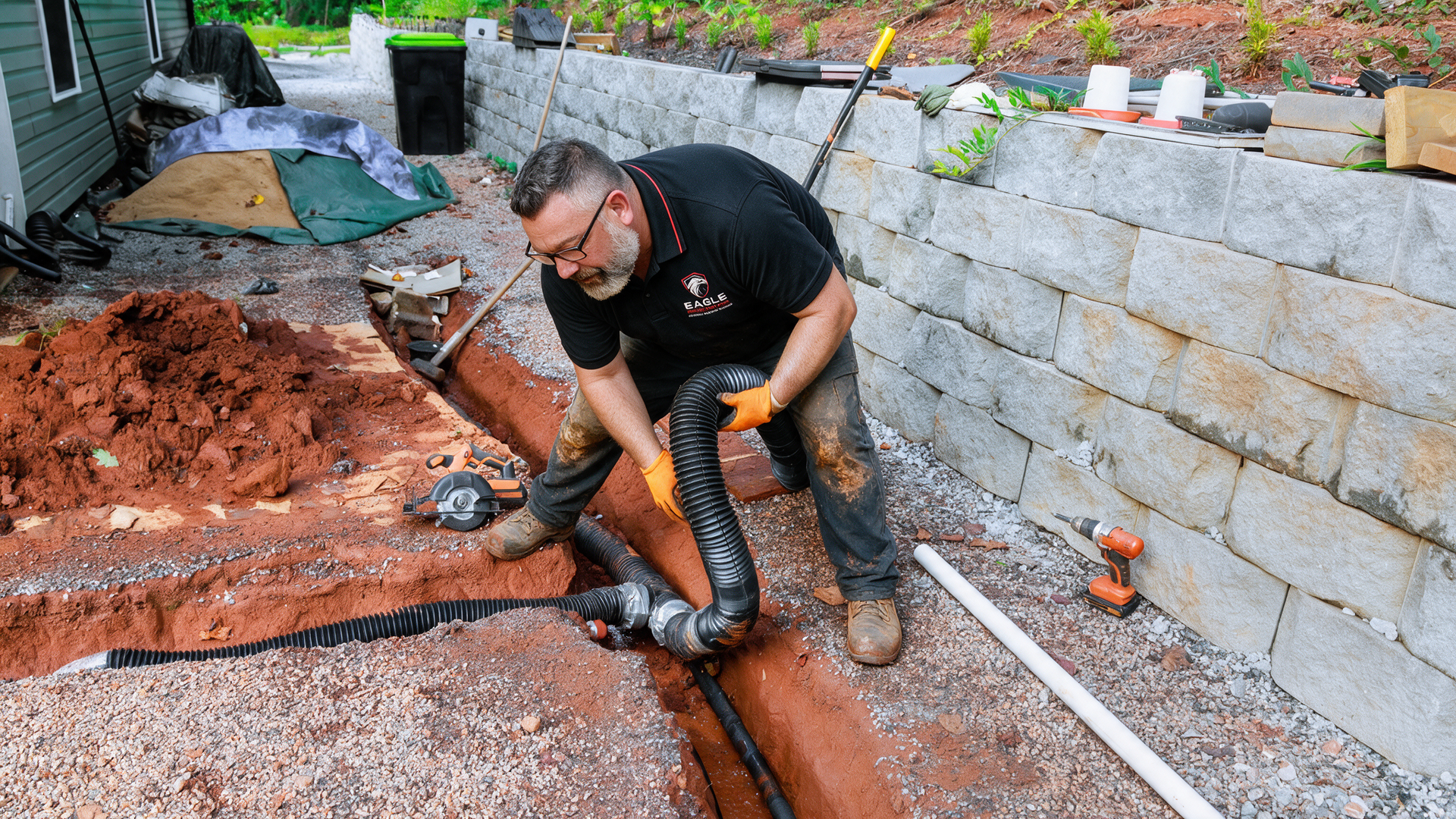 Technician in black Eagle shirt walking outside with tools near a brick house