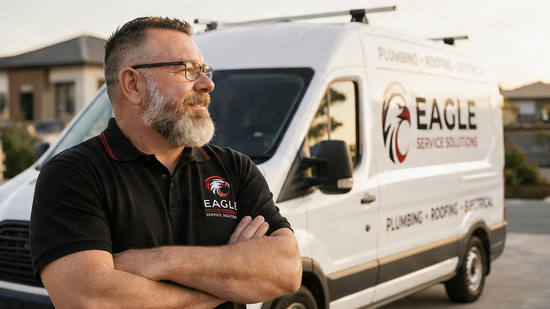 Man standing with arms crossed beside a white Eagle pest control van outdoors