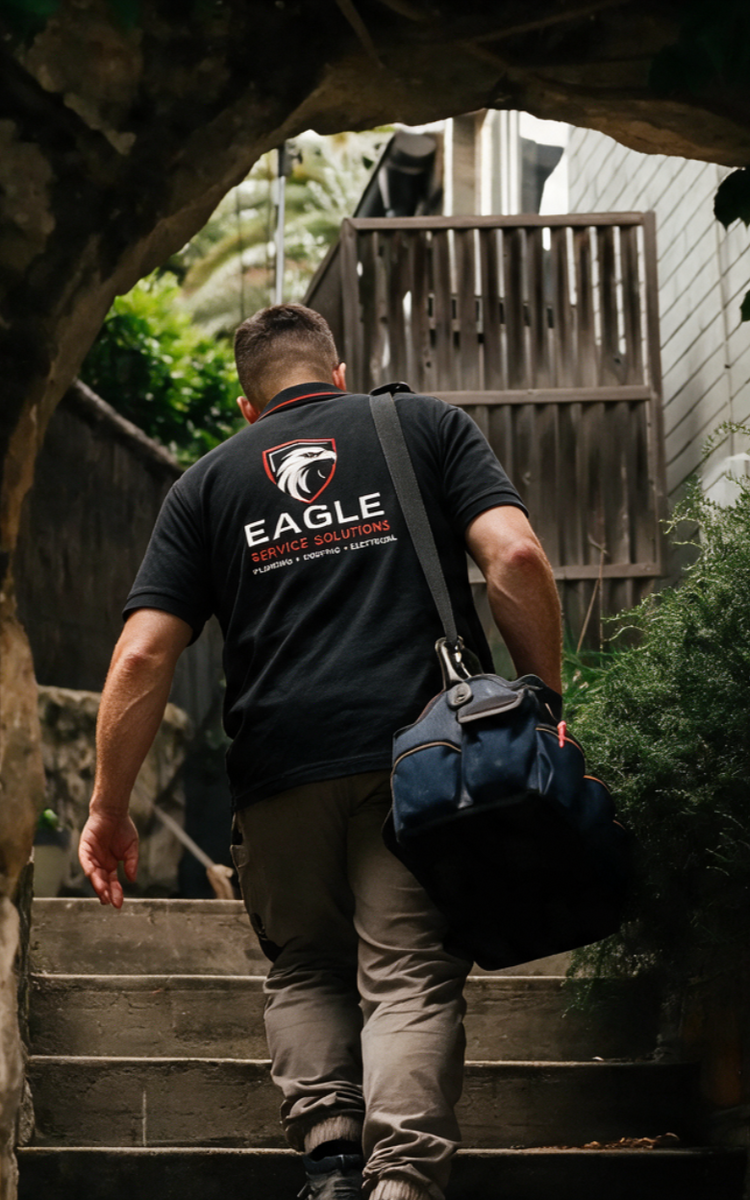 Person climbing stone steps outdoors, carrying a black duffel bag and wearing a black EAGLE shirt.