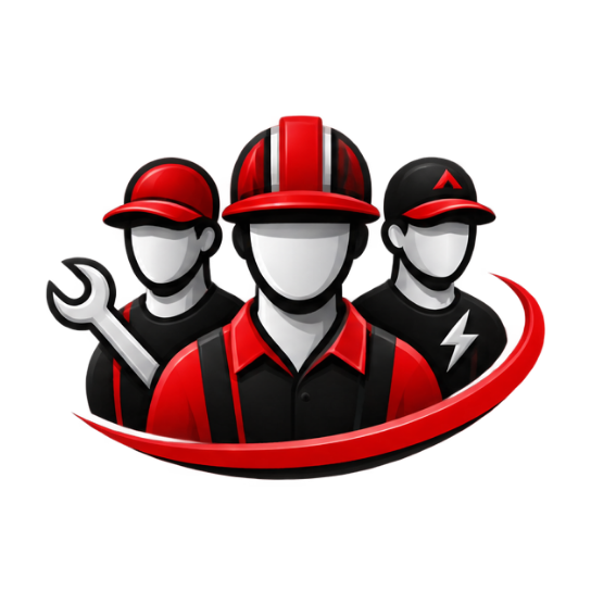 Three red-and-black utility workers with tools and hard hats, in a circular logo.