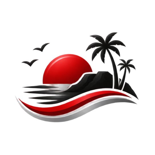 Stylized beach logo with red sun, black palm trees, waves, and flying birds