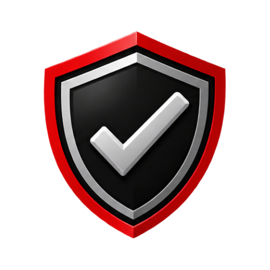 Black shield with white checkmark and red outline icon