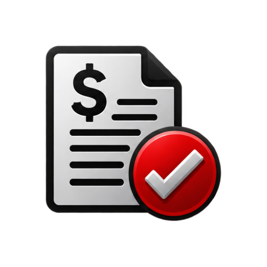 Document icon with dollar sign, lines, and red checkmark badge