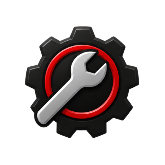 Black gear with red ring and silver wrench icon