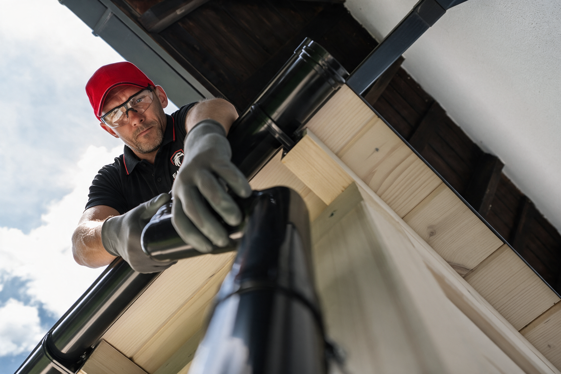 Worker in red hard hat and gloves cleaning a rain gutter on a house roof