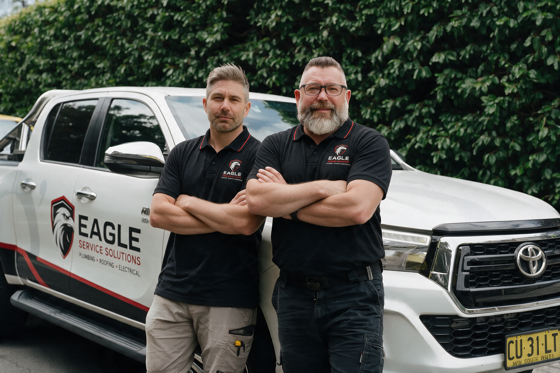 Two men in black shirts standing in front of a white Eagle-branded utility vehicle.