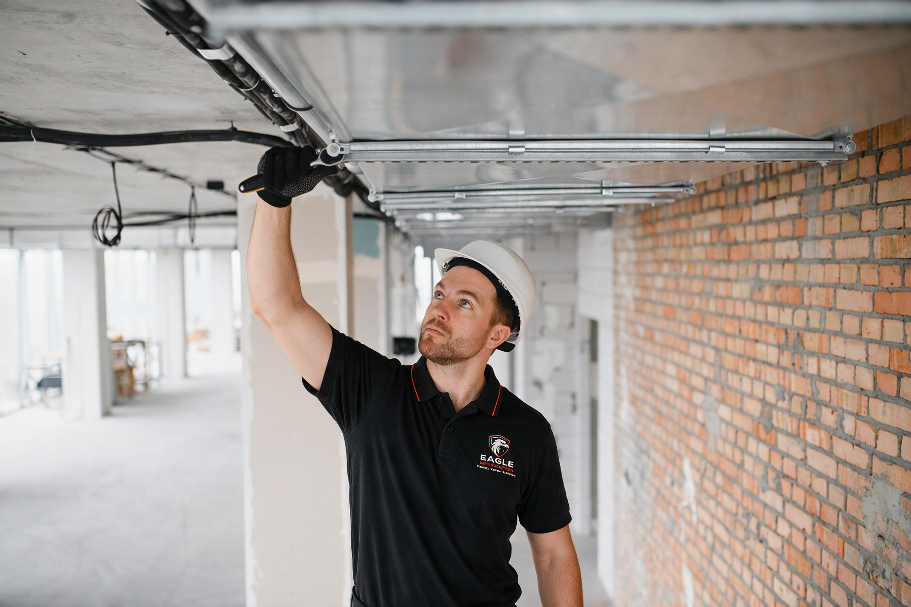 Worker in a hard hat inspecting overhead piping in an unfinished brick interior