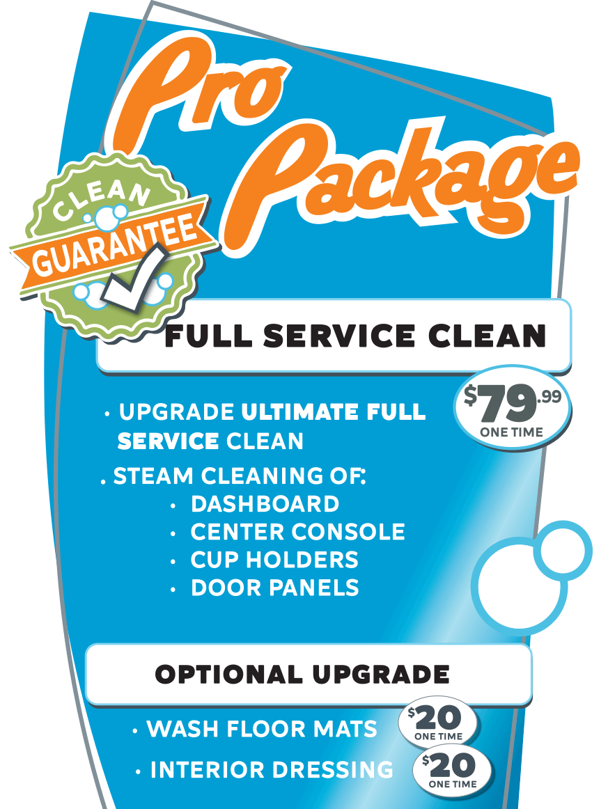 Pro Package Car wash package for full service car cleaning and for exterior wash only at Bay Area Carwash. With Clean Guarantee - our best wash!