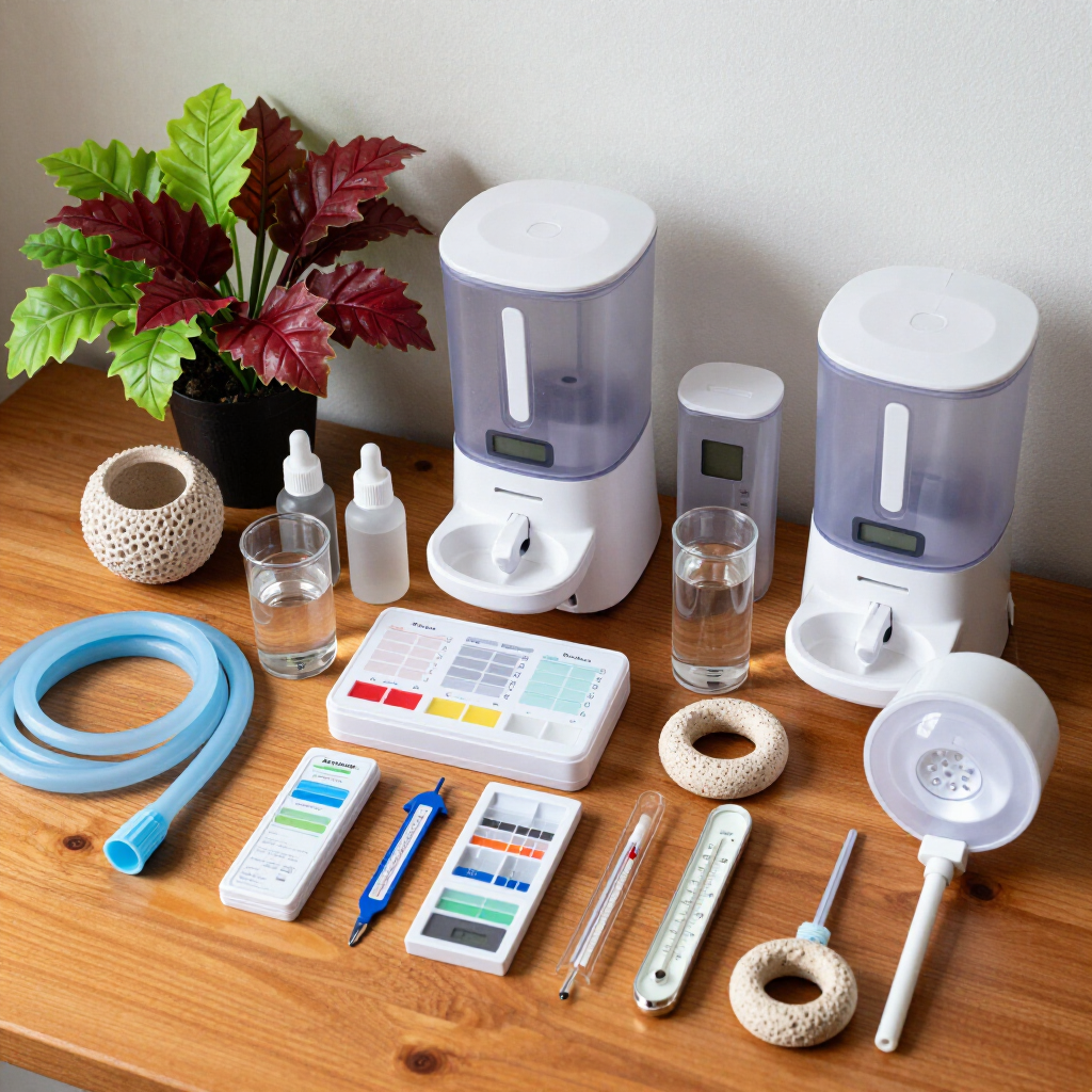 Assorted pet care supplies on a wooden table, including dispensers, bowls, brushes, thermometer, and grooming tools