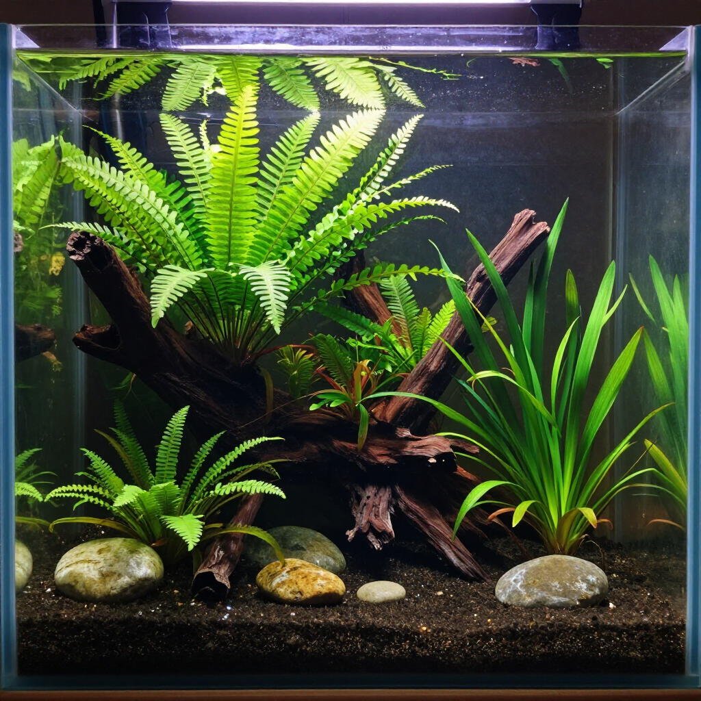A lush planted aquarium with green aquatic plants, driftwood, rocks, and dark gravel under bright lighting