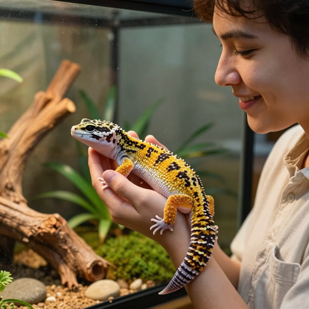 Person smiling at a yellow-and-black gecko in a terrarium
