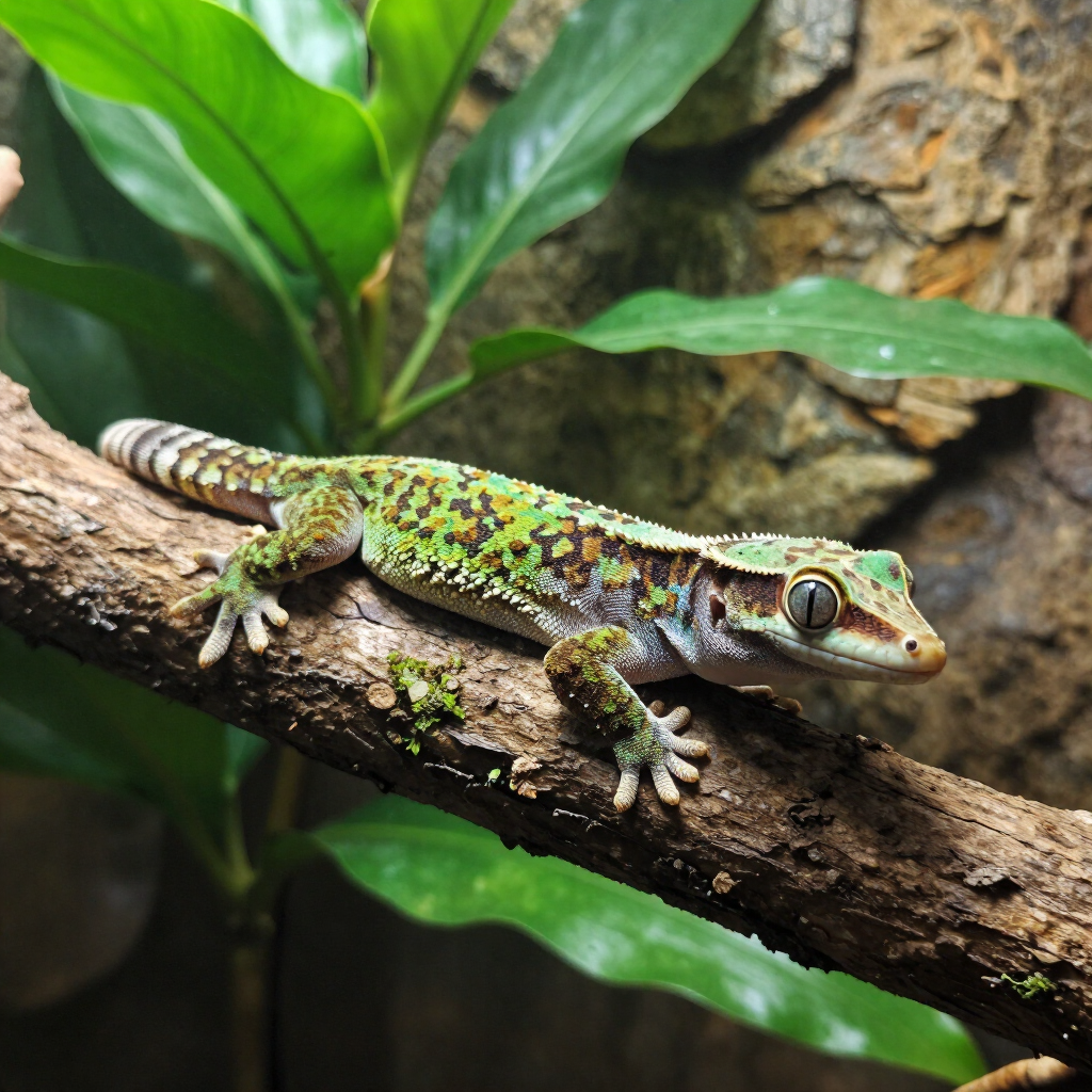 Colorful gecko on a branch, with green leaves and a rocky background