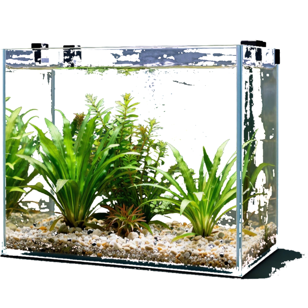 A glass aquarium with green aquatic plants, white gravel, and clear water on a white background