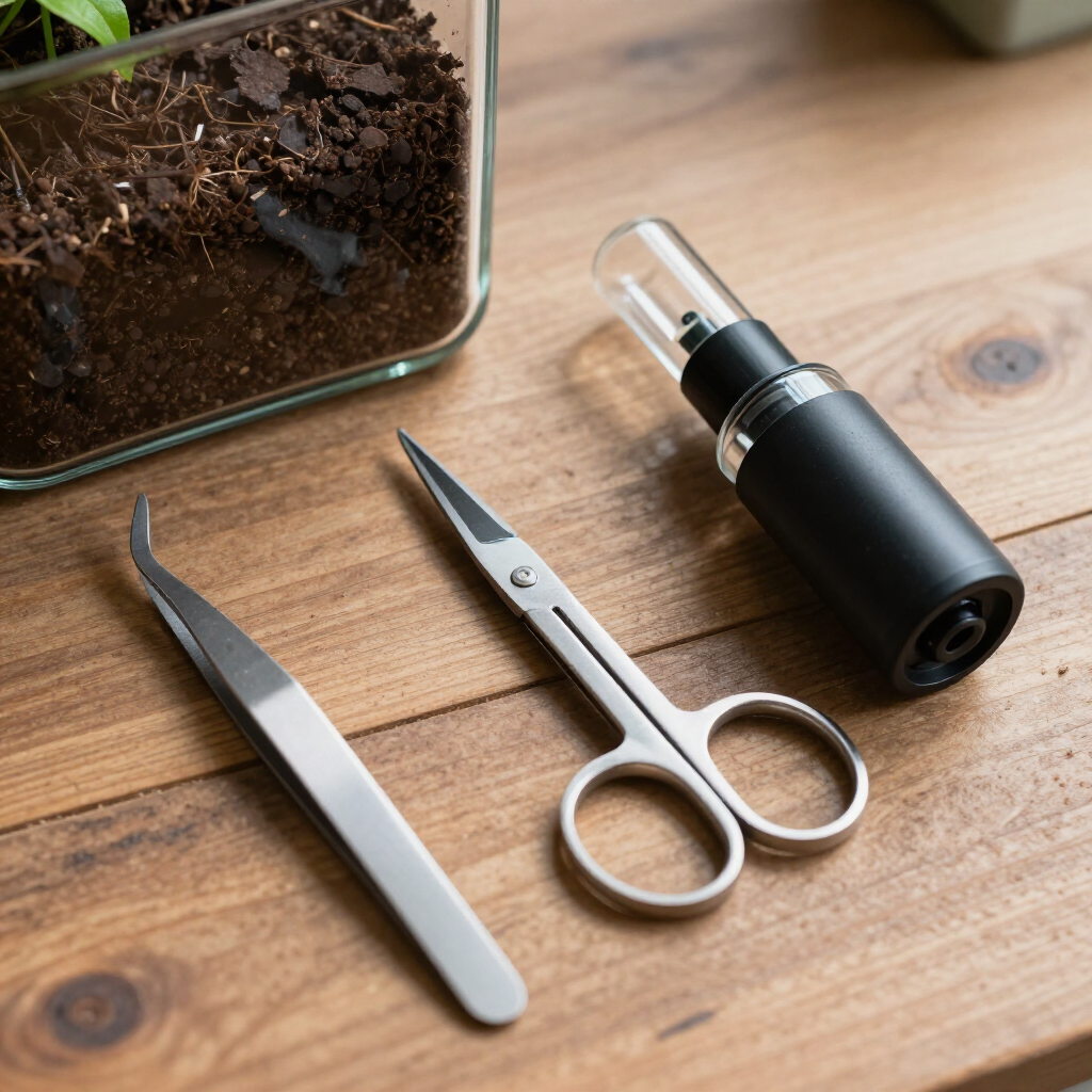 Tweezers, small scissors, and a soil-filled glass container on a wooden table.