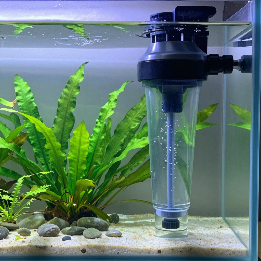 Aquarium with green plants, rocks, and a hanging filter against a gray background