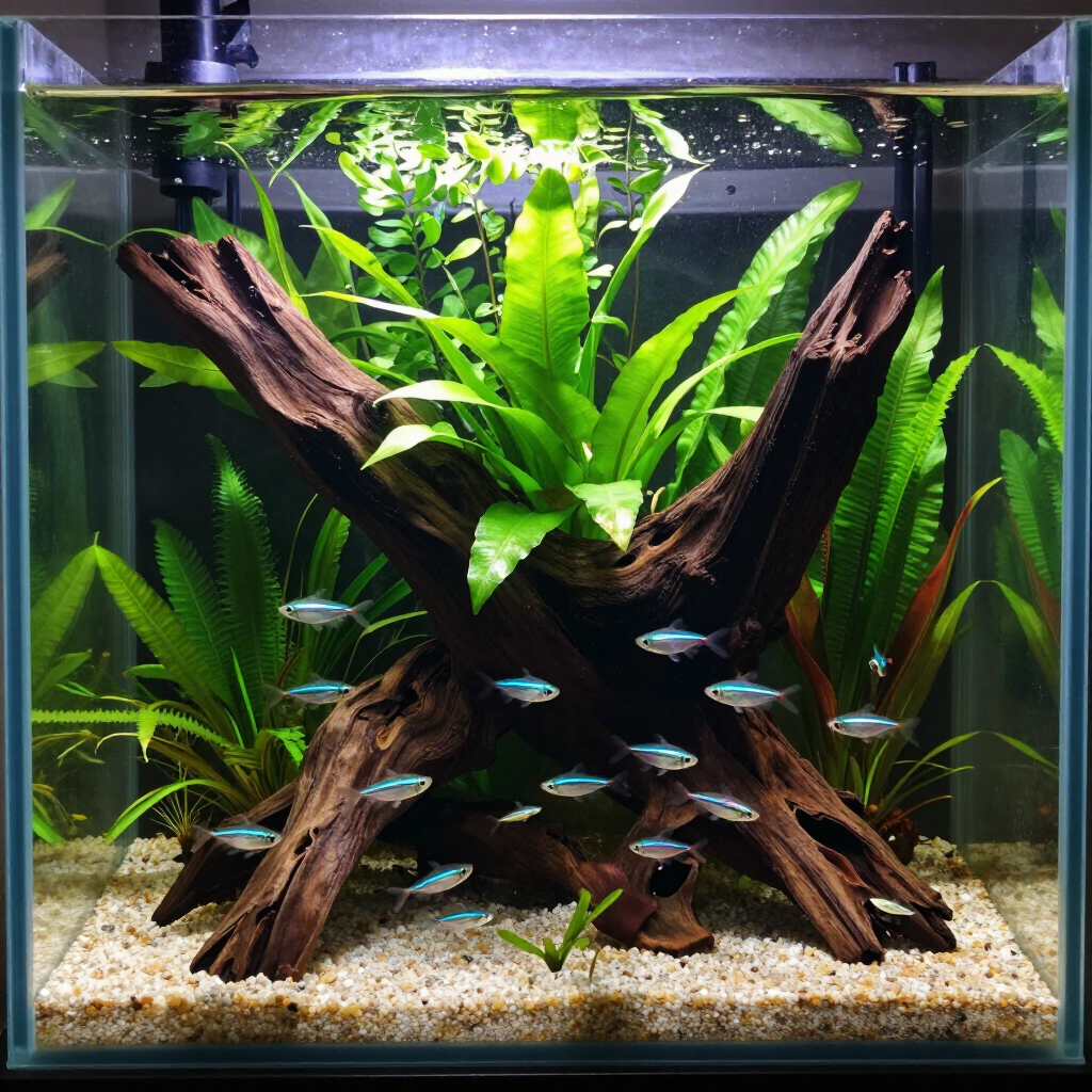 Lush planted aquarium with driftwood, green aquatic plants, and small blue fish over gravel.