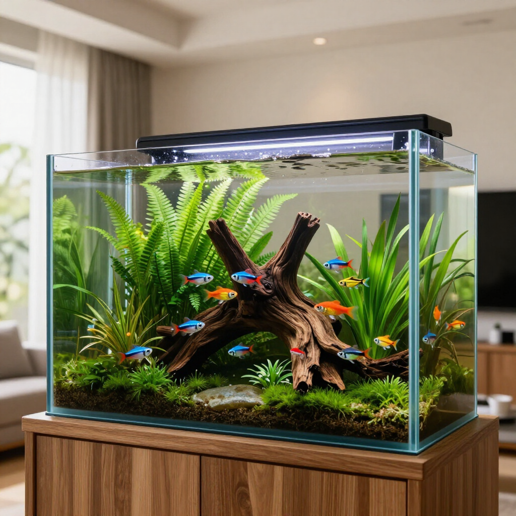 Aquarium with colorful tropical fish, lush green plants, and driftwood on a wooden cabinet in a bright room