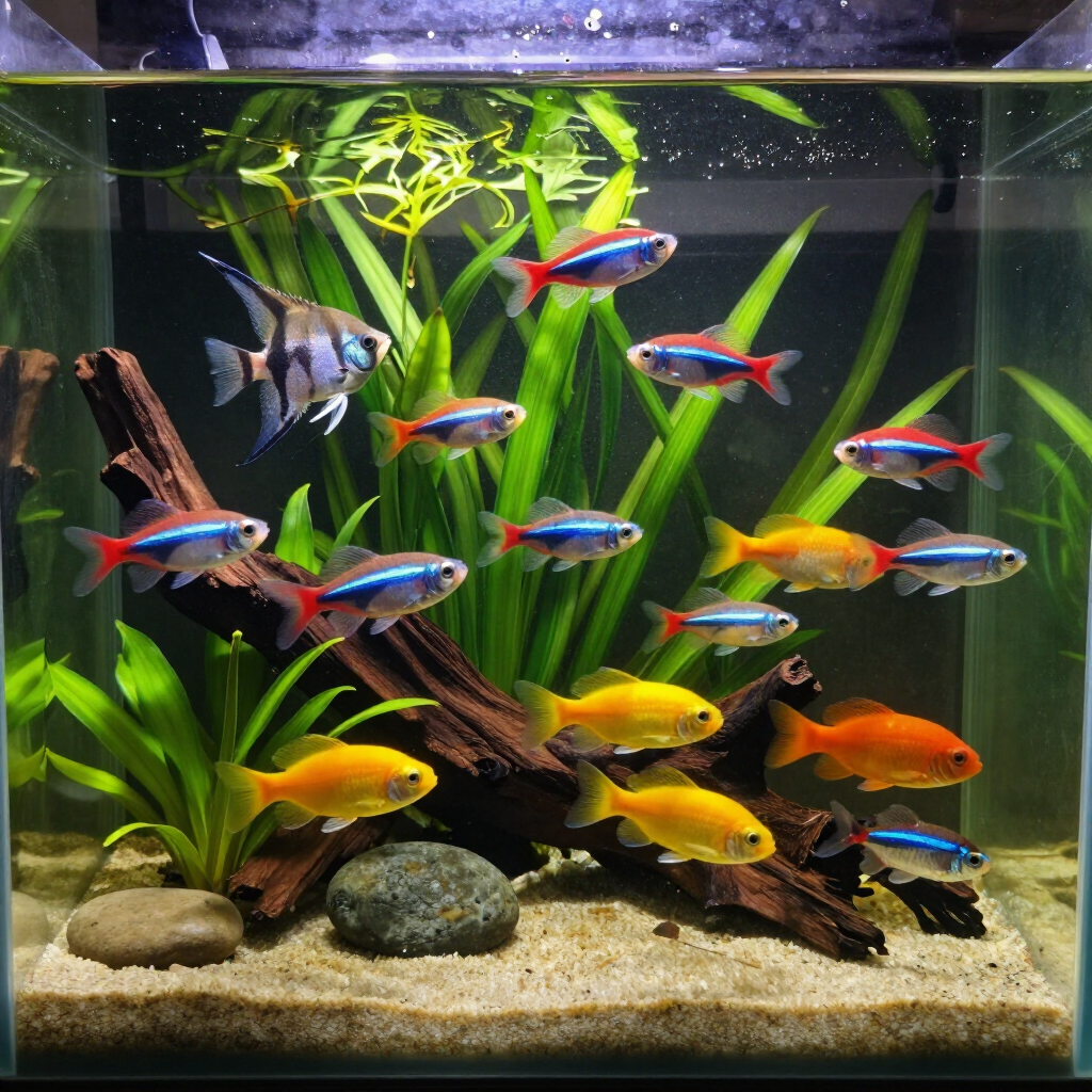 Colorful tropical fish swimming in a planted aquarium with rocks, driftwood, and gravel.