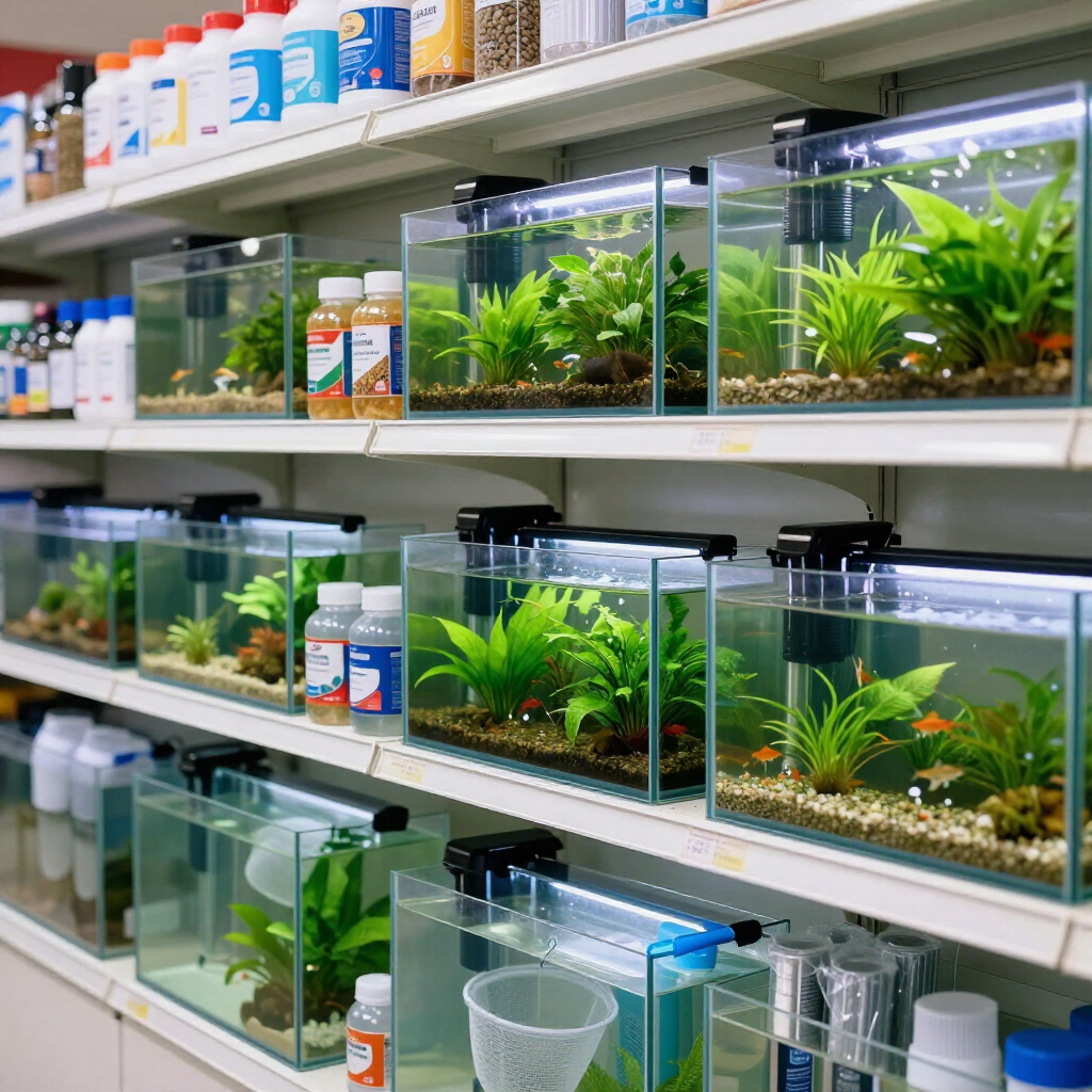 Rows of aquarium supplies and planted fish tanks on store shelves