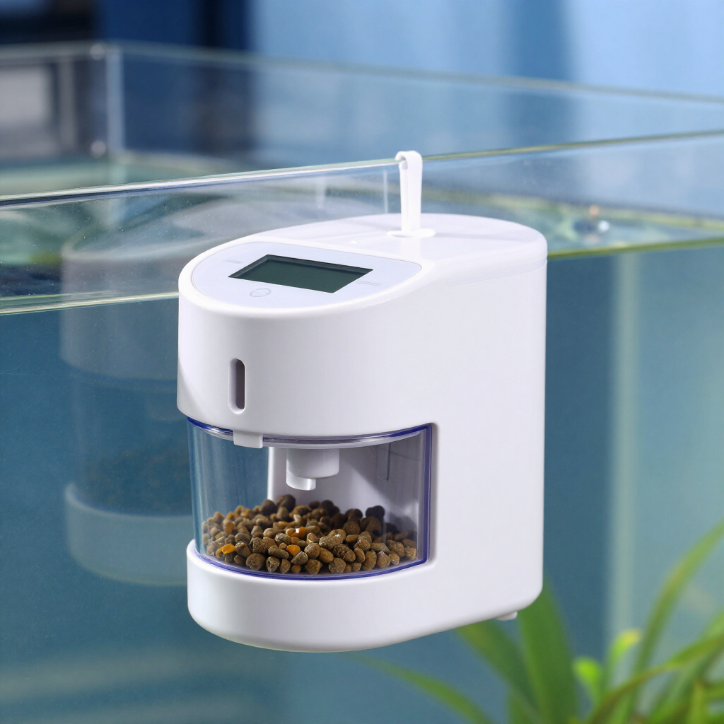 White automatic fish feeder dispensing pellets into an aquarium