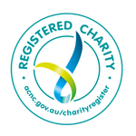 Registered Charity seal: teal circle, stylized ribbon graphic in blue, yellow, and green, with website address.