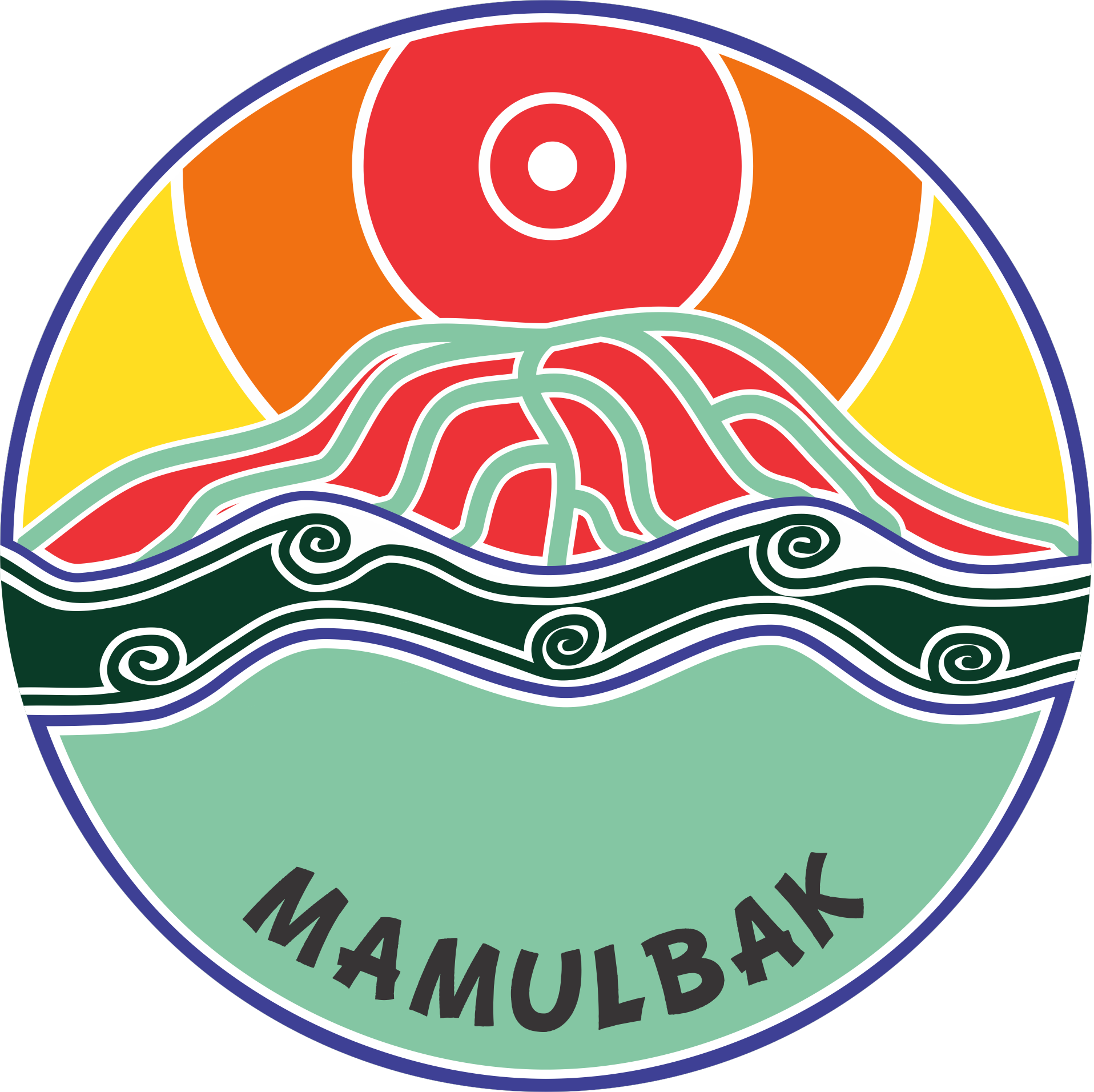 Round logo with a mountain, sun, and ocean, with text