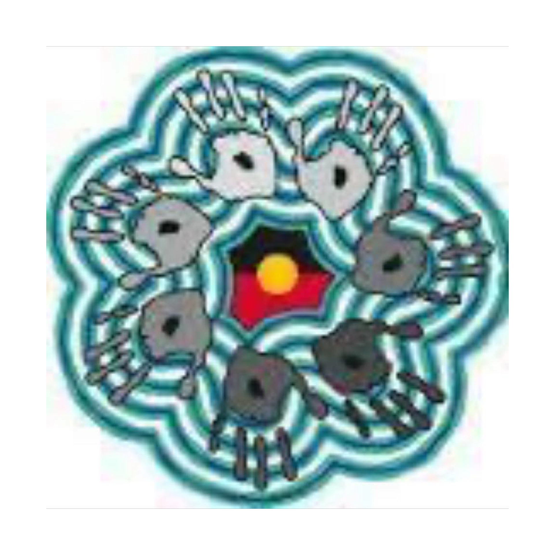 Hands encircling the Aboriginal flag, surrounded by a turquoise and white design.