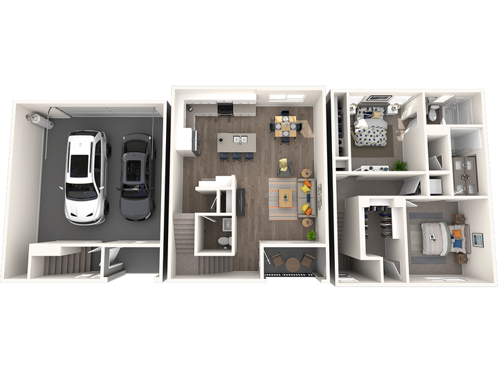 Floor plan of a three-story townhouse with a garage, kitchen, dining, and two bedrooms.