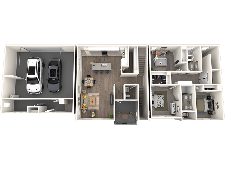 Floor plan of a multi-story townhome with a garage, kitchen, dining area, living room, and bedrooms.