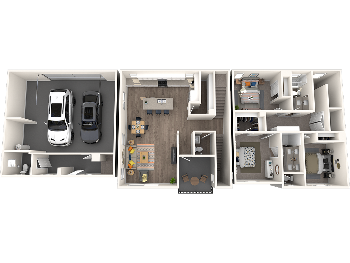 Floor plan of a townhouse with a garage, living area, and bedrooms, with furniture represented.
