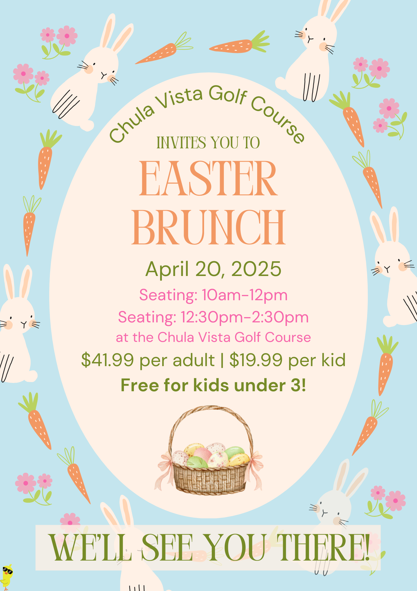Easter brunch flyer at Chula Vista Golf Course on April 20, 2025, with bunnies, carrots, and an Easter basket.