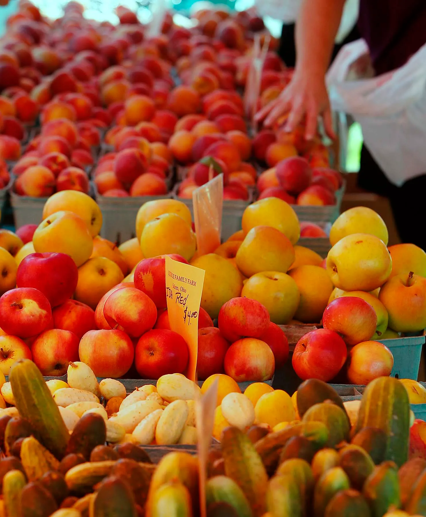 Fruit stand with peaches, apples, and pickles. A hand reaches towards the fruit.
