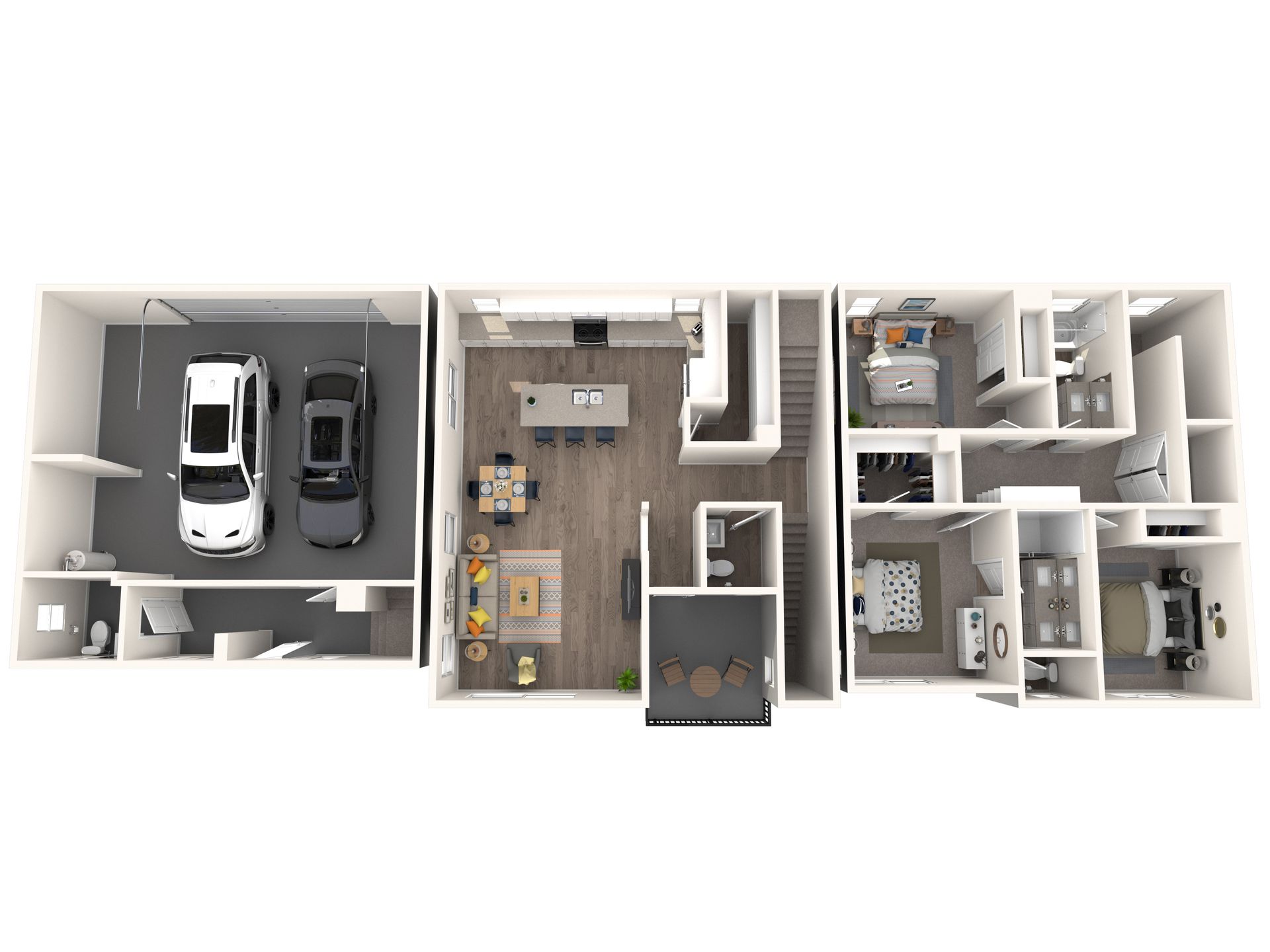 Floor plan of a modern townhome. Includes garage, living area, kitchen, dining, bedrooms, and bathrooms.