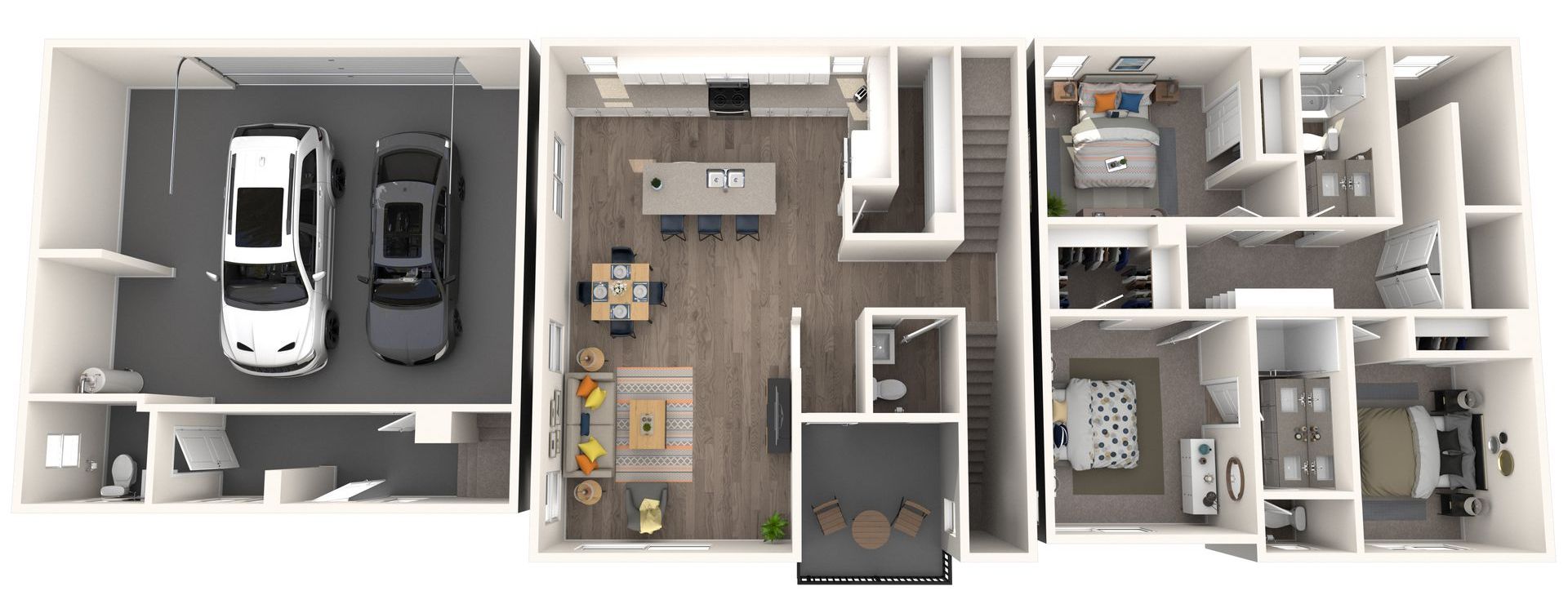 Floor plan of a multi-level townhouse with a garage, kitchen, living areas, and bedrooms.